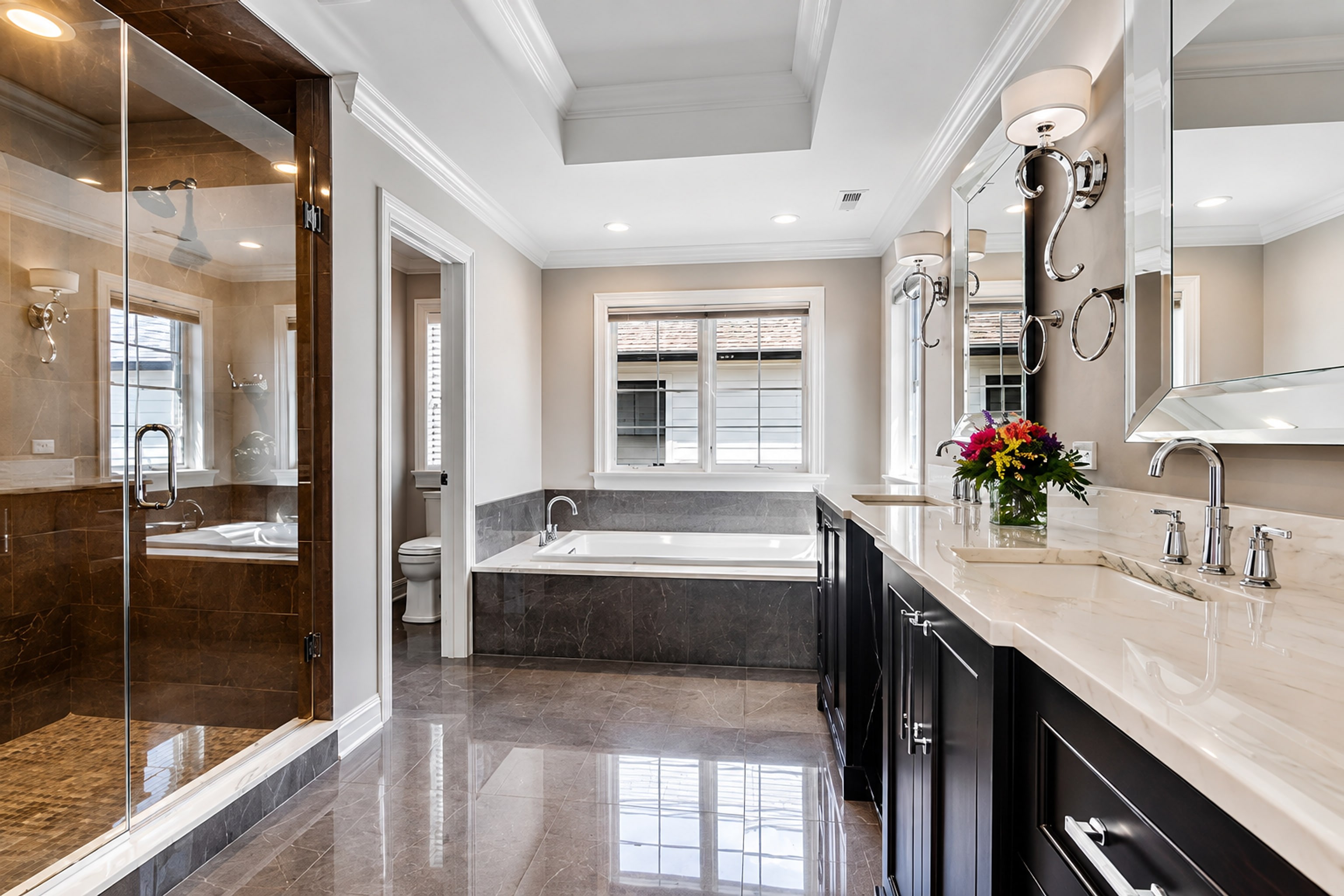 Primary bath with a marble vanity, soaking tub, and glass shower in a Gimbel Group listing
